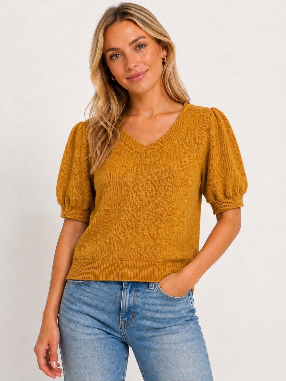 LOFT Petite Mustard Gold Puff Sleeve V-Neck Knit Sweater MP